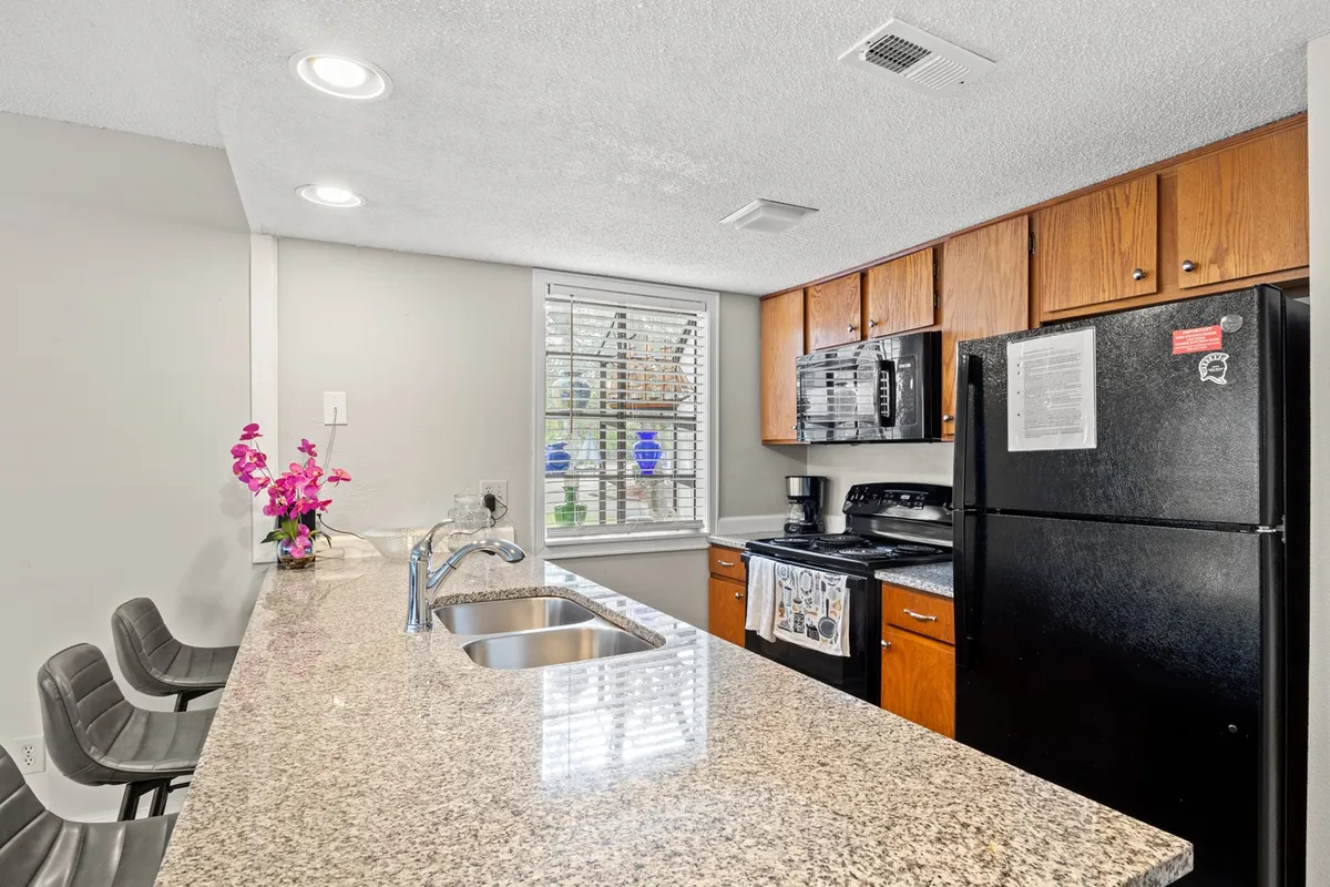 The image presents a bright, modern kitchen featuring sleek granite countertops, a black refrigerator, multiple kitchen appliances, and a fresh flower arrangement. The space feels inviting and well-equipped, offering ample room for cooking and socializing.